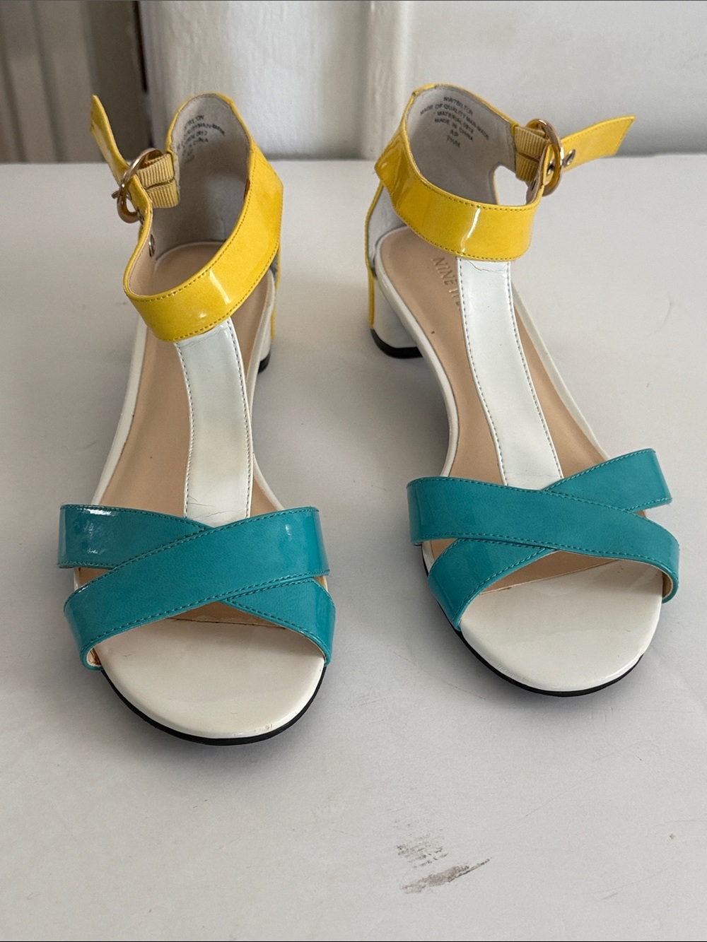 Nine West Teal & Yellow Ankle-Strap Low Heel Sandals - Picture 3 of 11